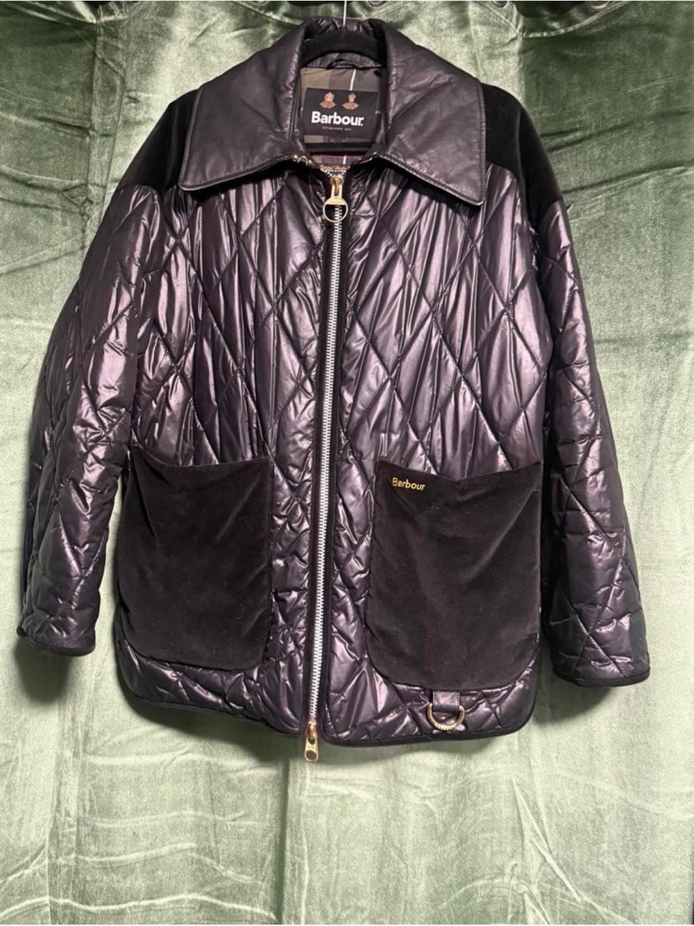 Barbour Black Quilted with leather collar Black Velvet pocket